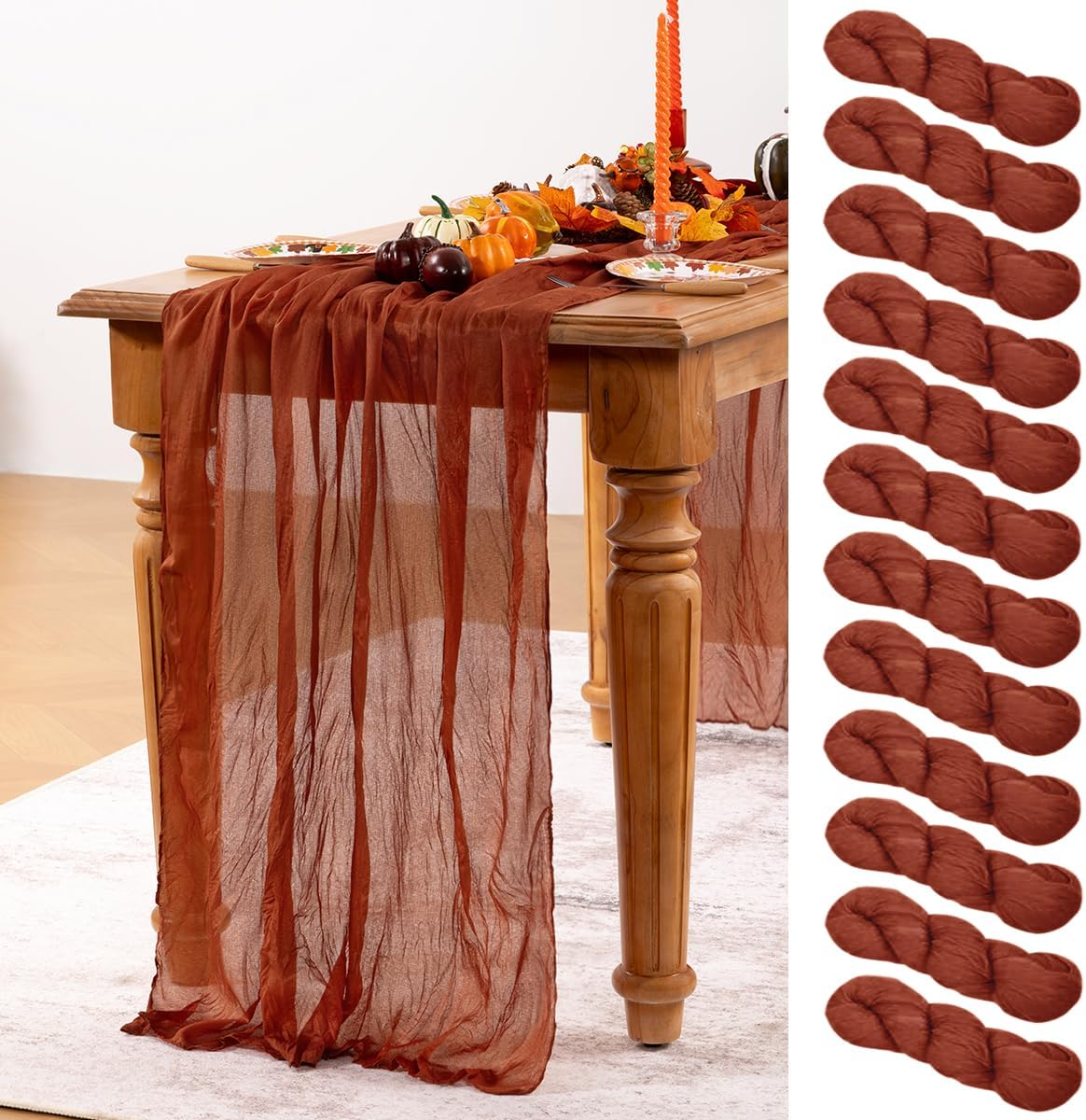 Terracotta Cheesecloth Table Runner Set for Elegant Fall Decor