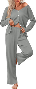 Ekouaer Womens Waffle Knit Pajamas Loungewear Two-piece Set - Soft