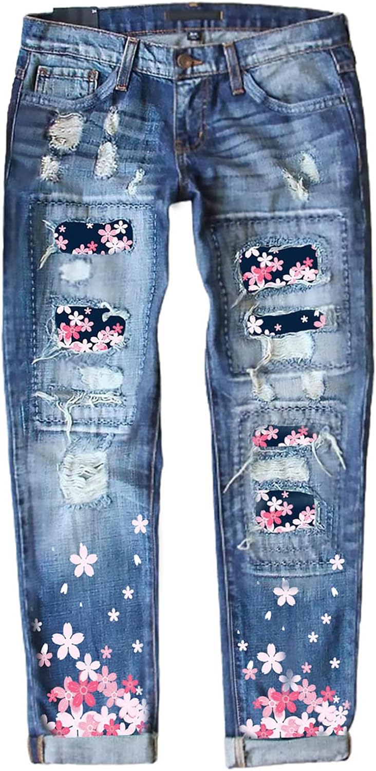 Astylish Womens Plaid Patch Ripped Boyfriend Distressed Jeans