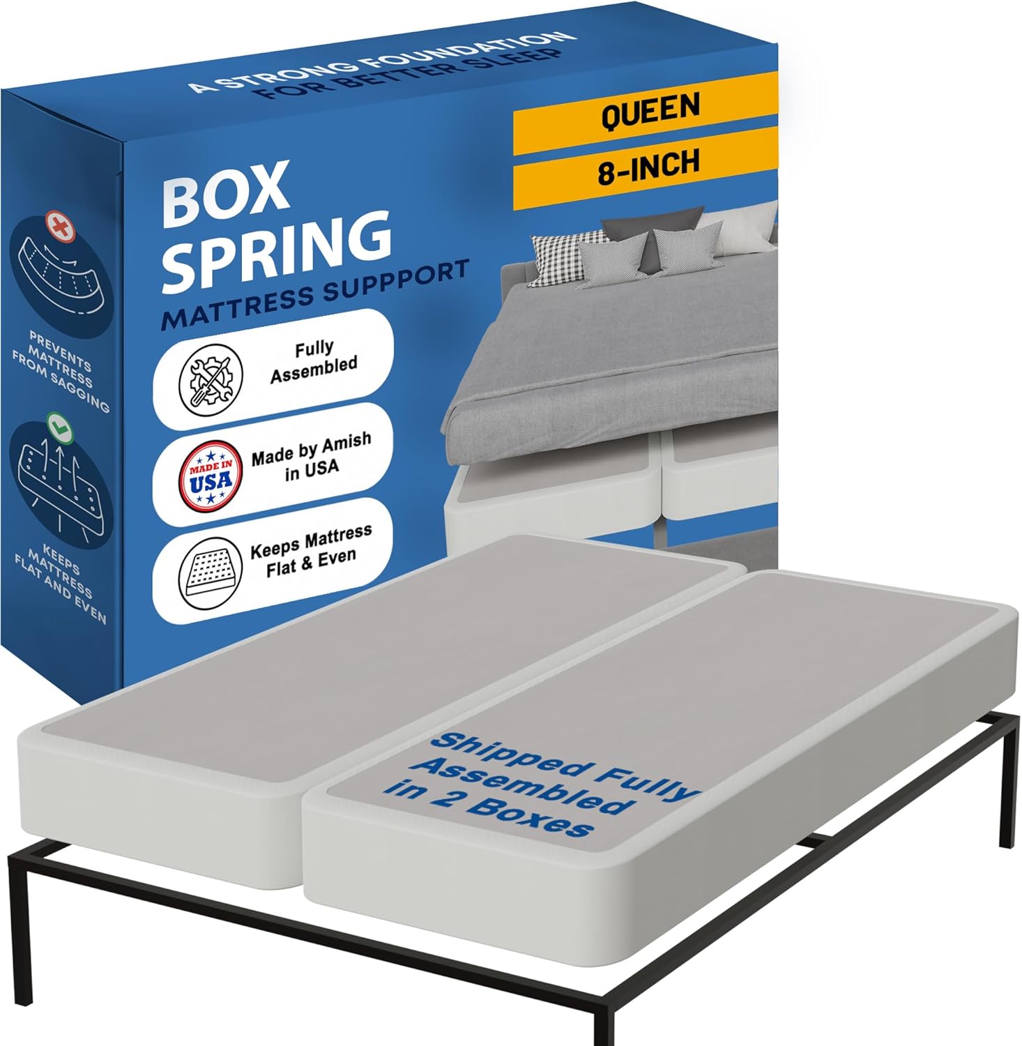 Greaton Box Spring Bed Base Queen Size, 8-Inch Wood Foundation