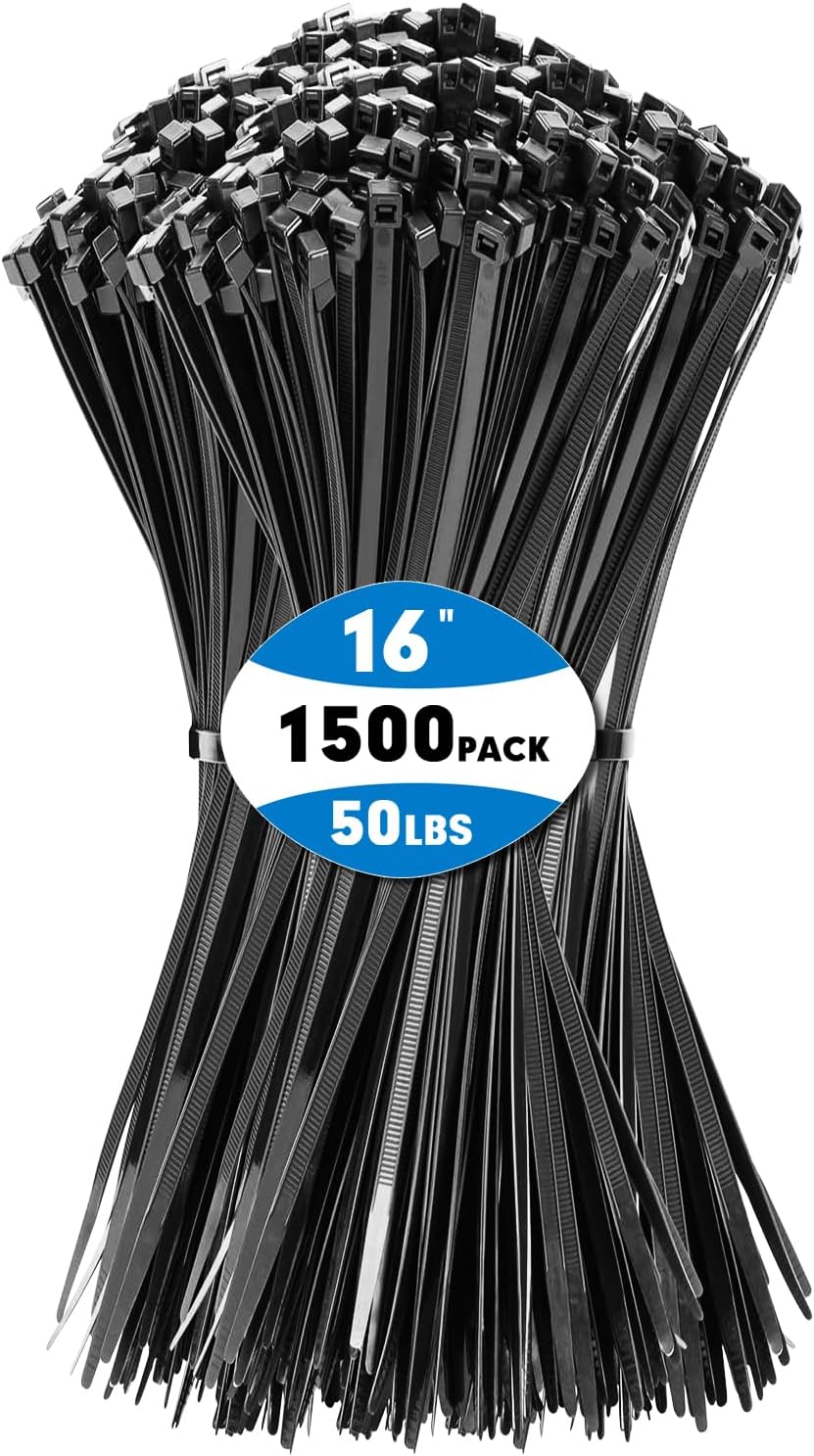KAMOTA 1500pcs 16 Heavy Duty Zip Ties, 50lb Strength, Indoor/Outdoor Use