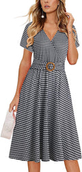 Women's Criss-Cross V Neck Fit and Flare Tea Dress - Pockets Dresses