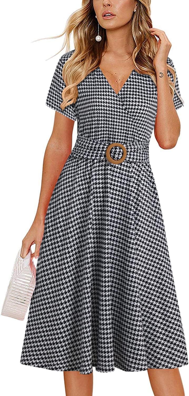 Elegant Criss-Cross V Neck Vintage Short Sleeve Dress with Pockets