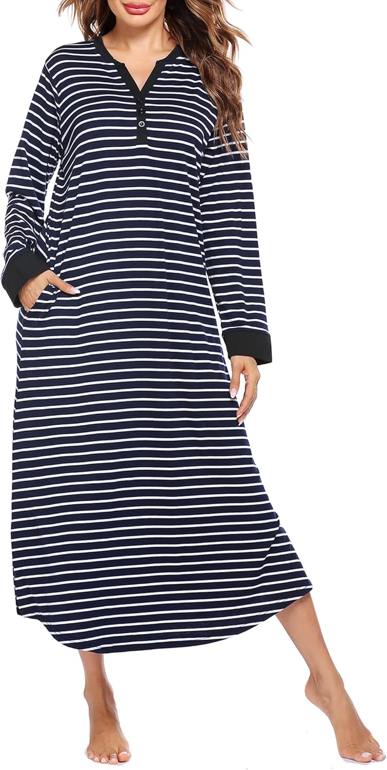 Ekouaer Womens Nightgown Long Loungewear V Neck Nightshirt