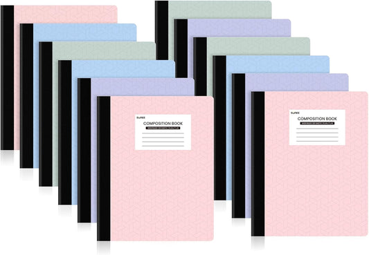 Sunee Composition Notebooks, 12 Pack - Wide Ruled, 9 3/4 x 7 1/2, 160 Pages - Perfect for School & Office!