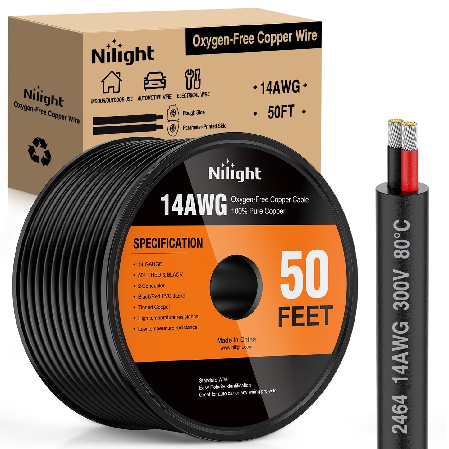 Nilight 50FT 14AWG Oxygen-Free Copper Wire for Electrical Use