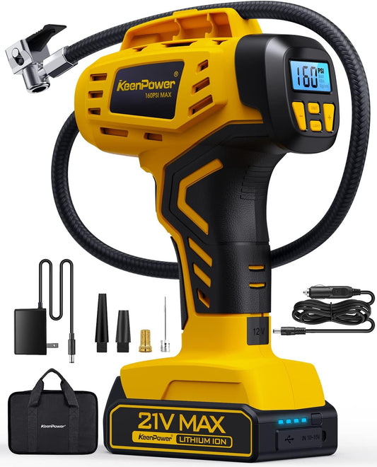 KeenPower 21V Tire Inflator - 2X Faster Pumping Power!