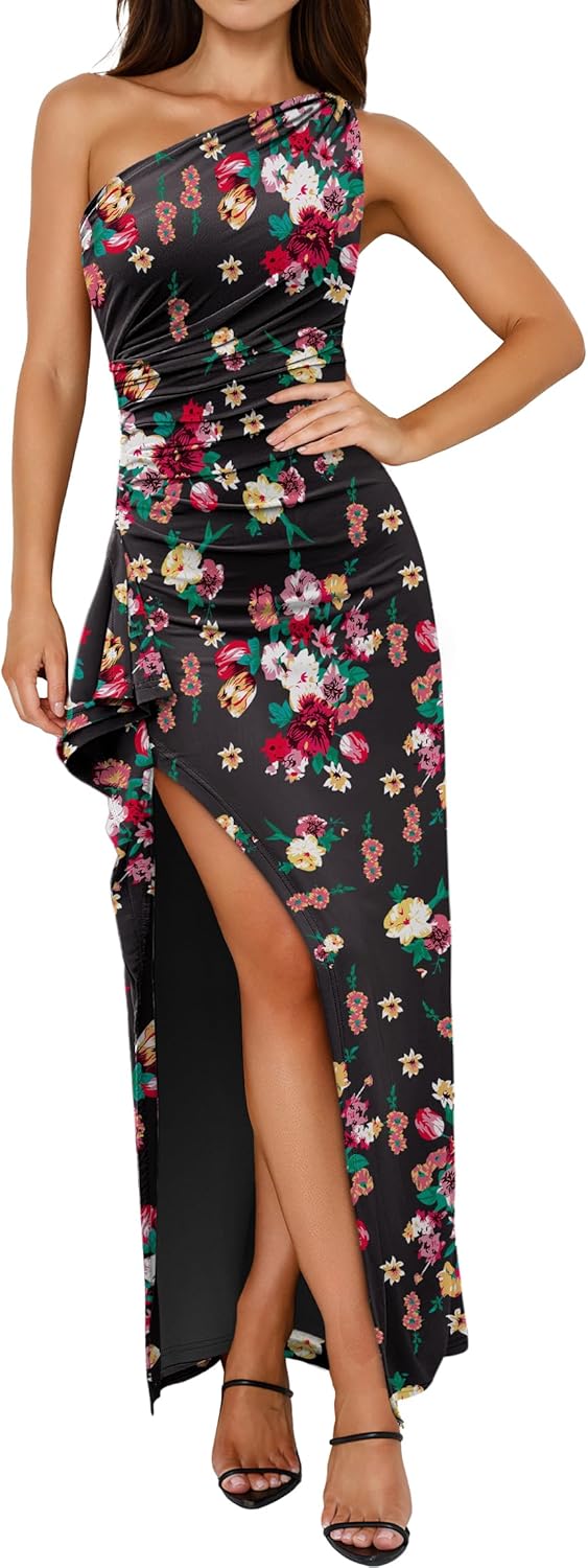 Stylish One Shoulder Floral Bodycon Maxi Dress for Summer Events