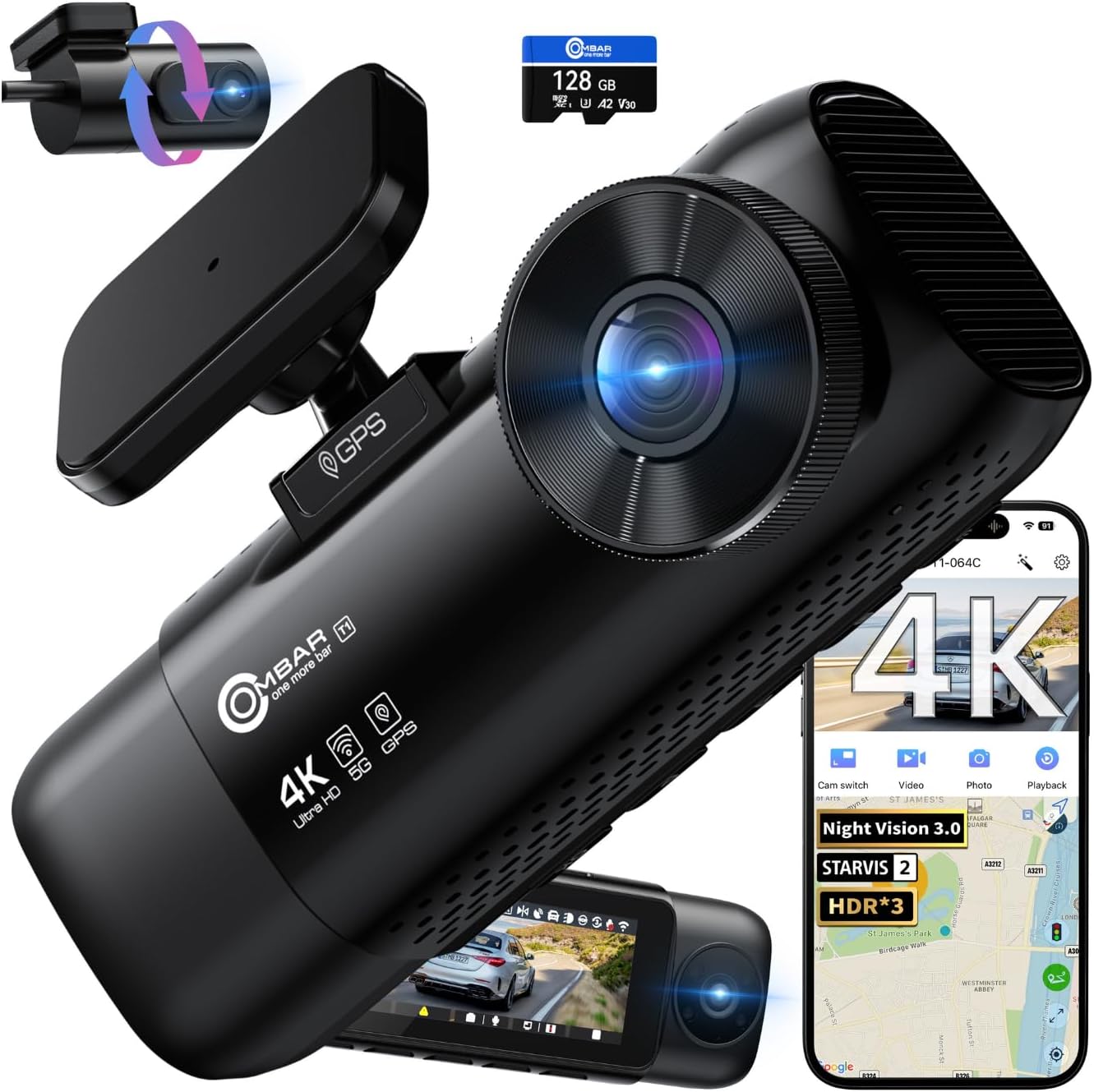 OMBAR T1 4K Dash Cam with Night Vision and 128GB Card