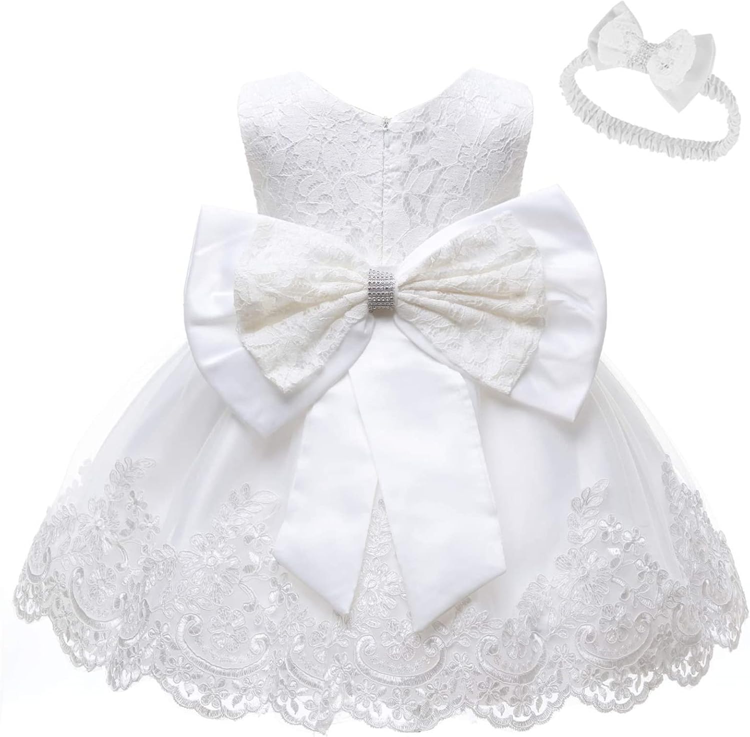 0-6T Baby Girl Party Dress with Lace Embroidery and Headwear