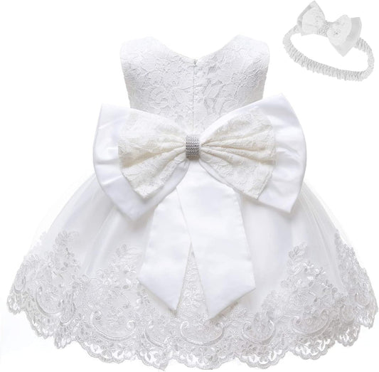 0-6T Baby Girl Party Dress with Lace Embroidery and Headwear