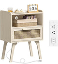 Rattan Nightstand with Charging Station - Boho Bedside Table