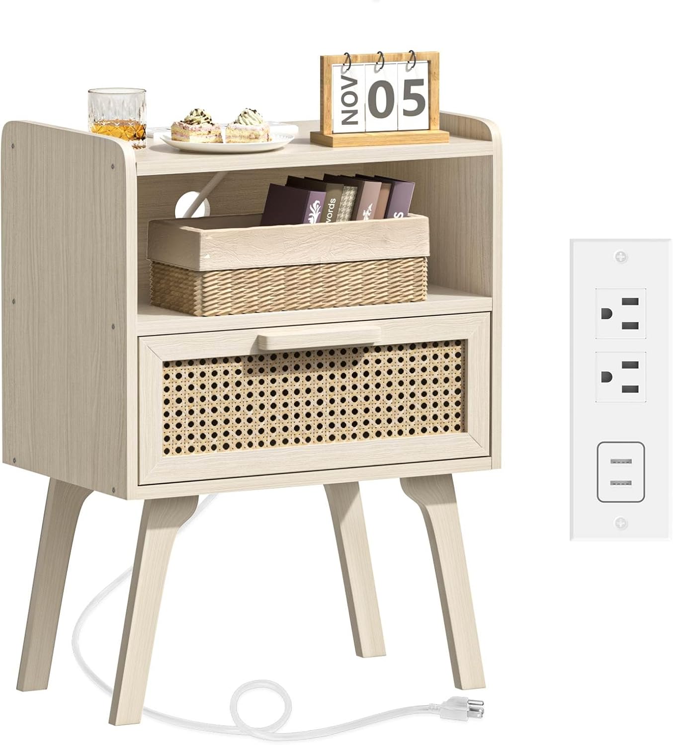 Rattan Nightstand with Charging Station for Modern Bedrooms