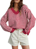 Women's Striped Checkered V Neck Sweater - Soft Knit Fall Pullover