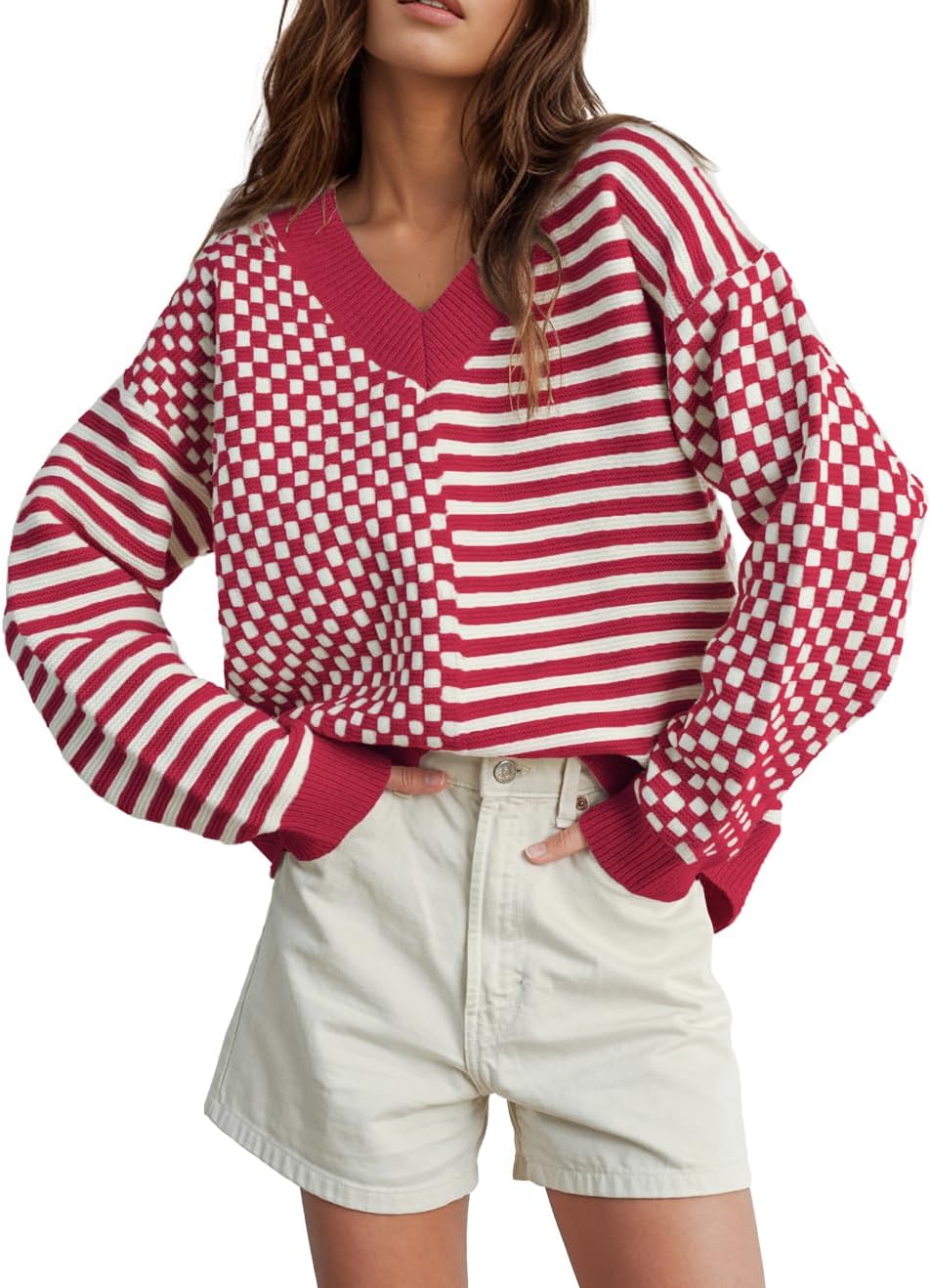 UNCLECAT Women's Striped Checkered Sweater for Trendy Fall Style