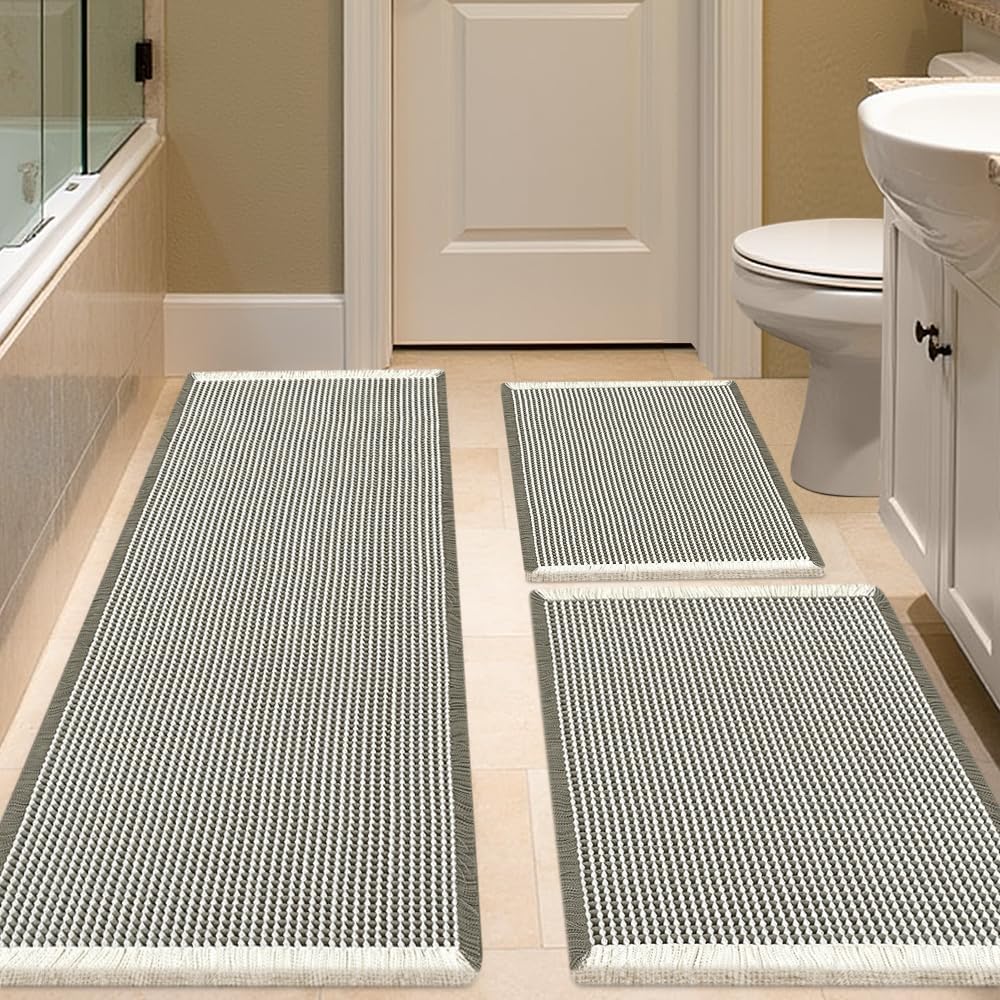 Waffle Bath Mat Set 3 Piece Green & Cream for Modern Bathrooms