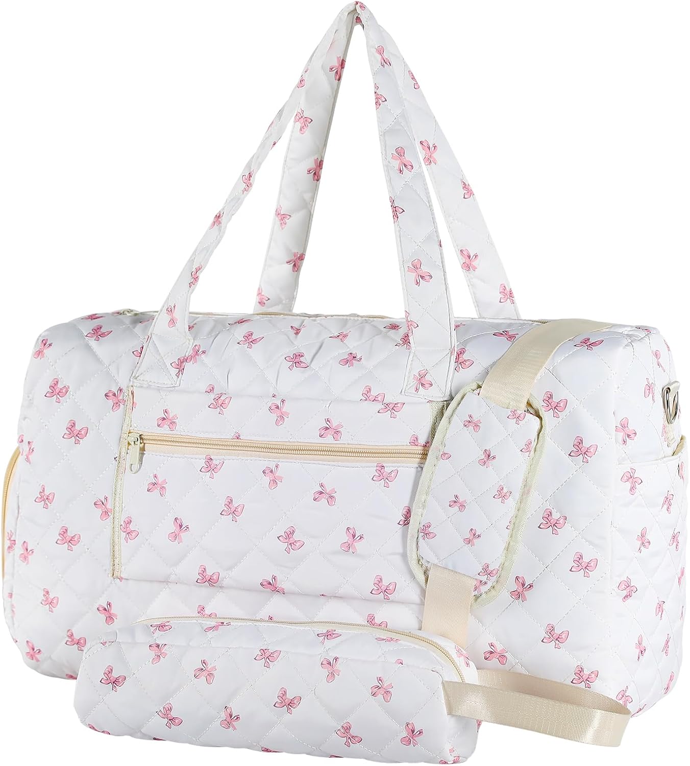 Large Floral Quilted Duffle Bag with Pink Bow for Travel