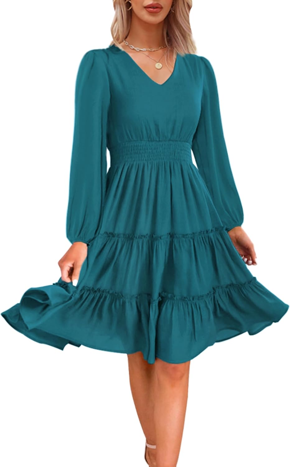 Zattcas Women 2025 Spring Summer V Neck Smocked Midi Dress