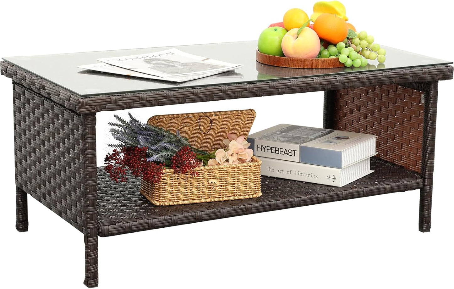 Outdoor Wicker Coffee Table with Storage and Cover for Patio