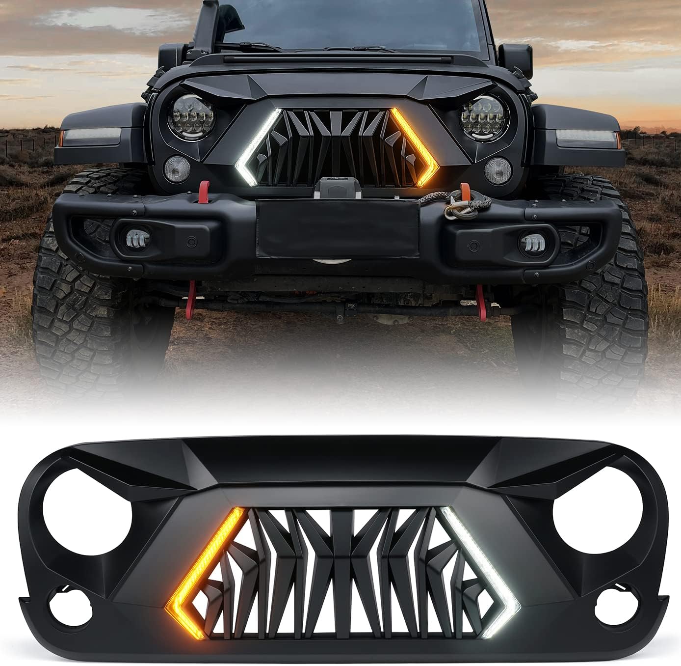 Xprite Matte Black Front Grill with LED Lights for Jeep Wrangler