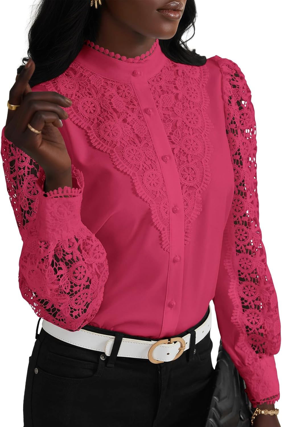 Elegant Women's Lace Crochet Mock Neck Long Sleeve Blouse Top
