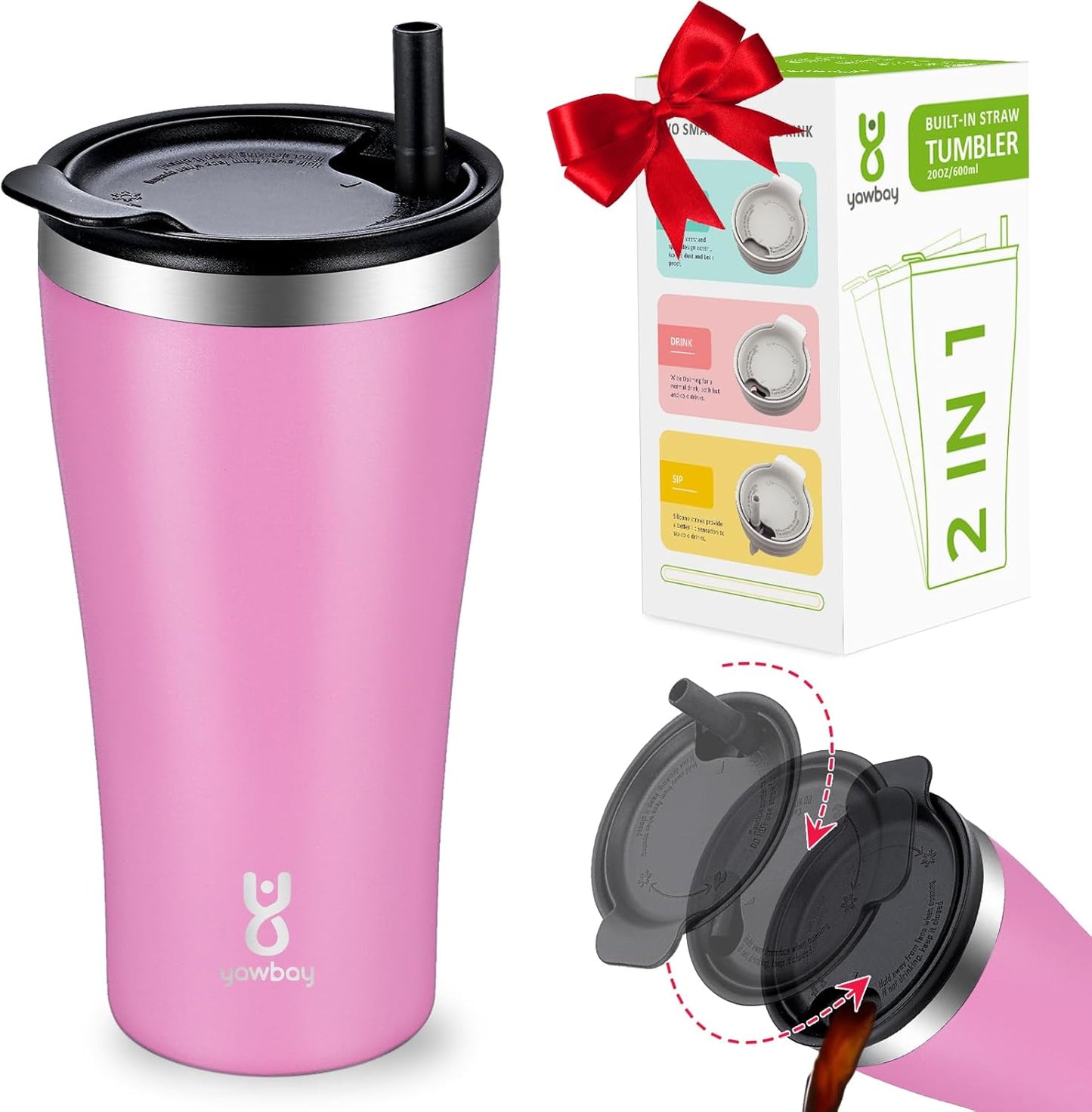 20oz Stainless Steel Travel Coffee Mug | Insulated 2-in-1 Lid + Straw | Yawbay