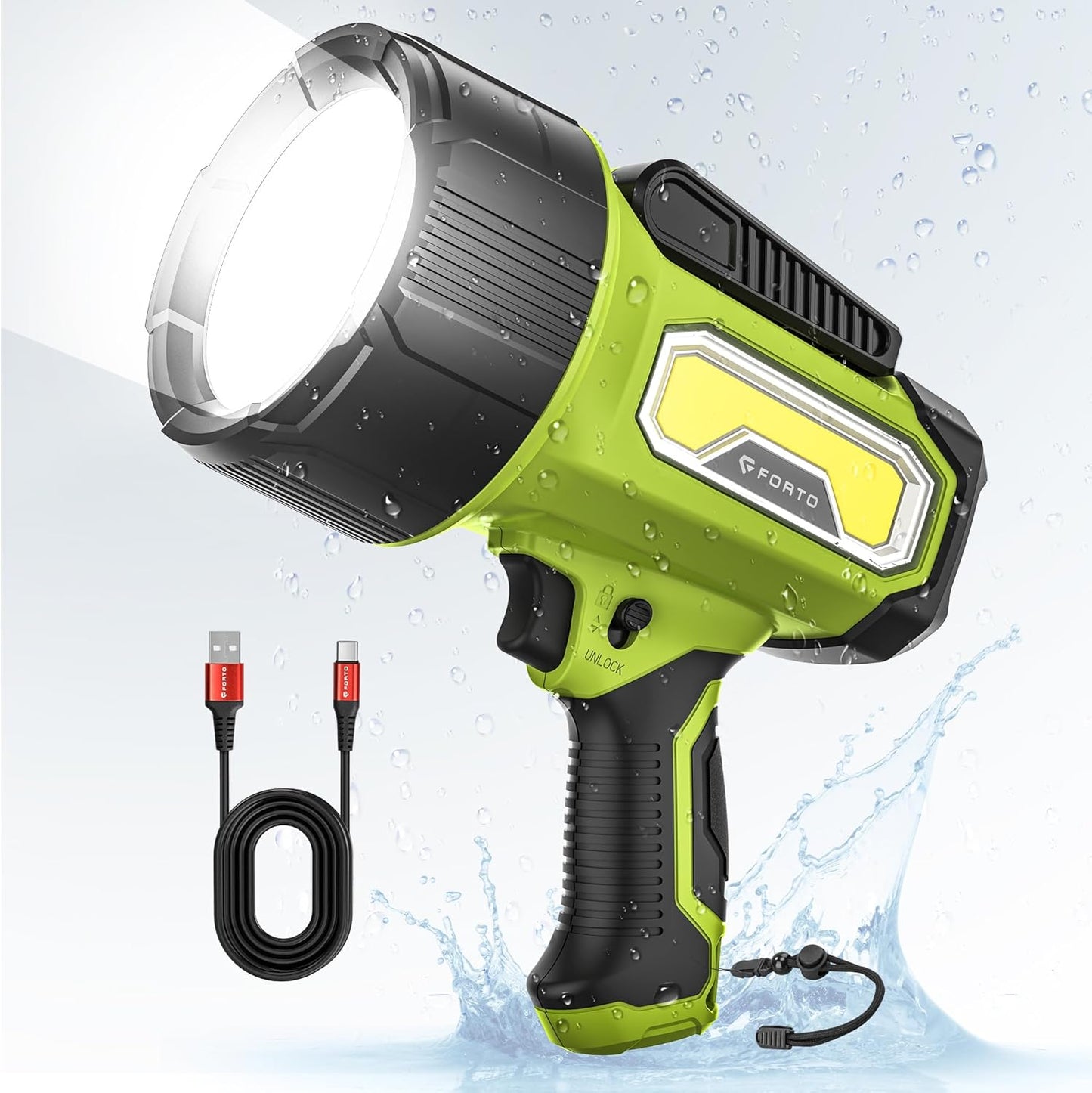 FORTO Rechargeable Spotlight Flashlight: 200000 Lumens Power