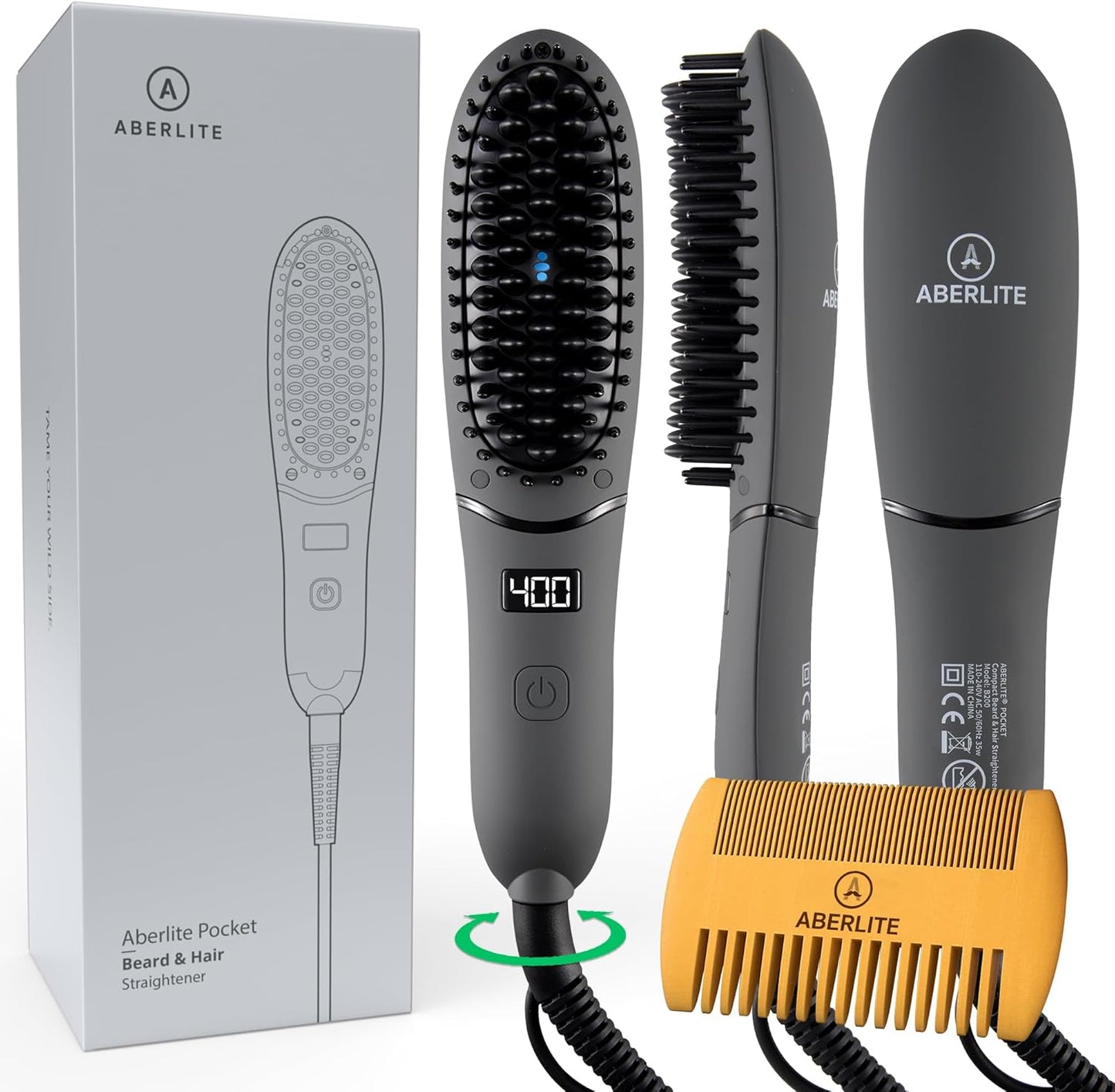 Aberlite Pocket Beard Straightener - Ionic Heat Brush for Men