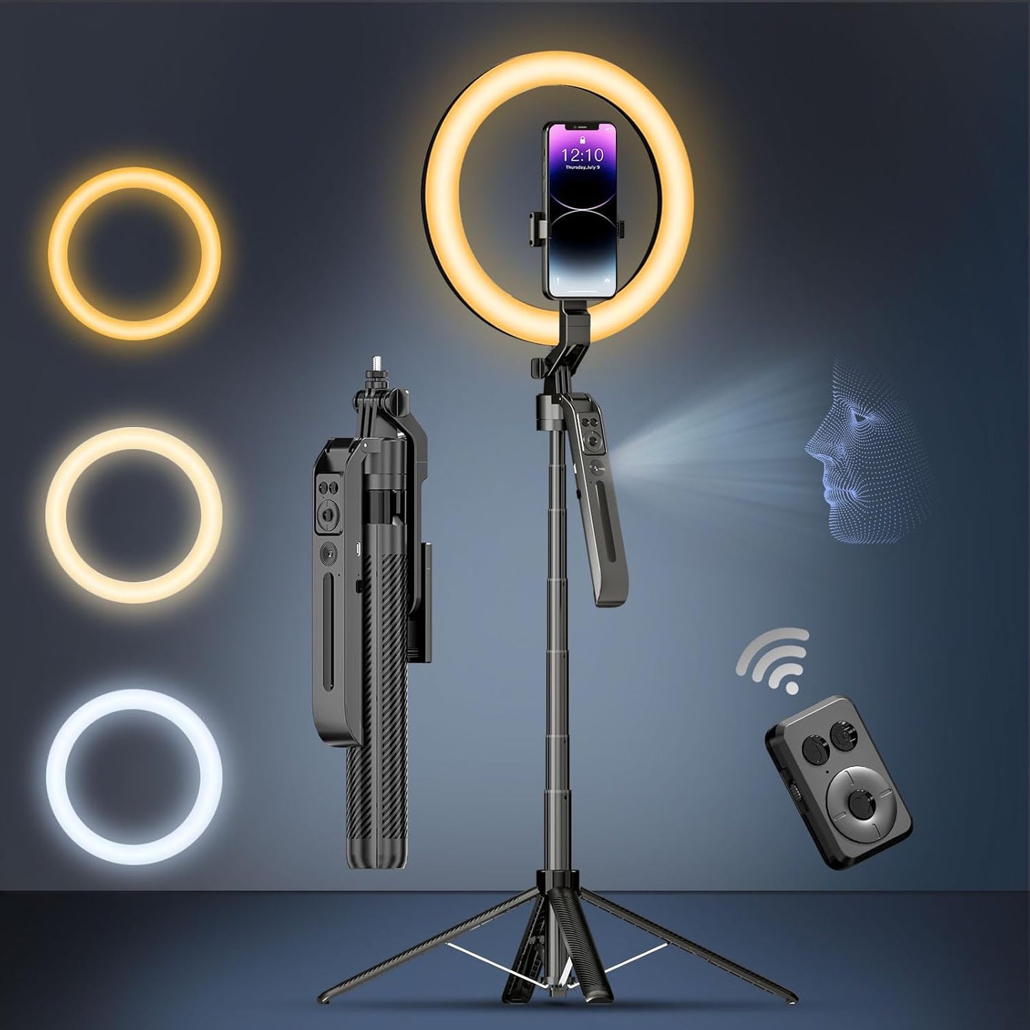 Auto Face Tracking Selfie Stick Tripod with 10in Ring Light