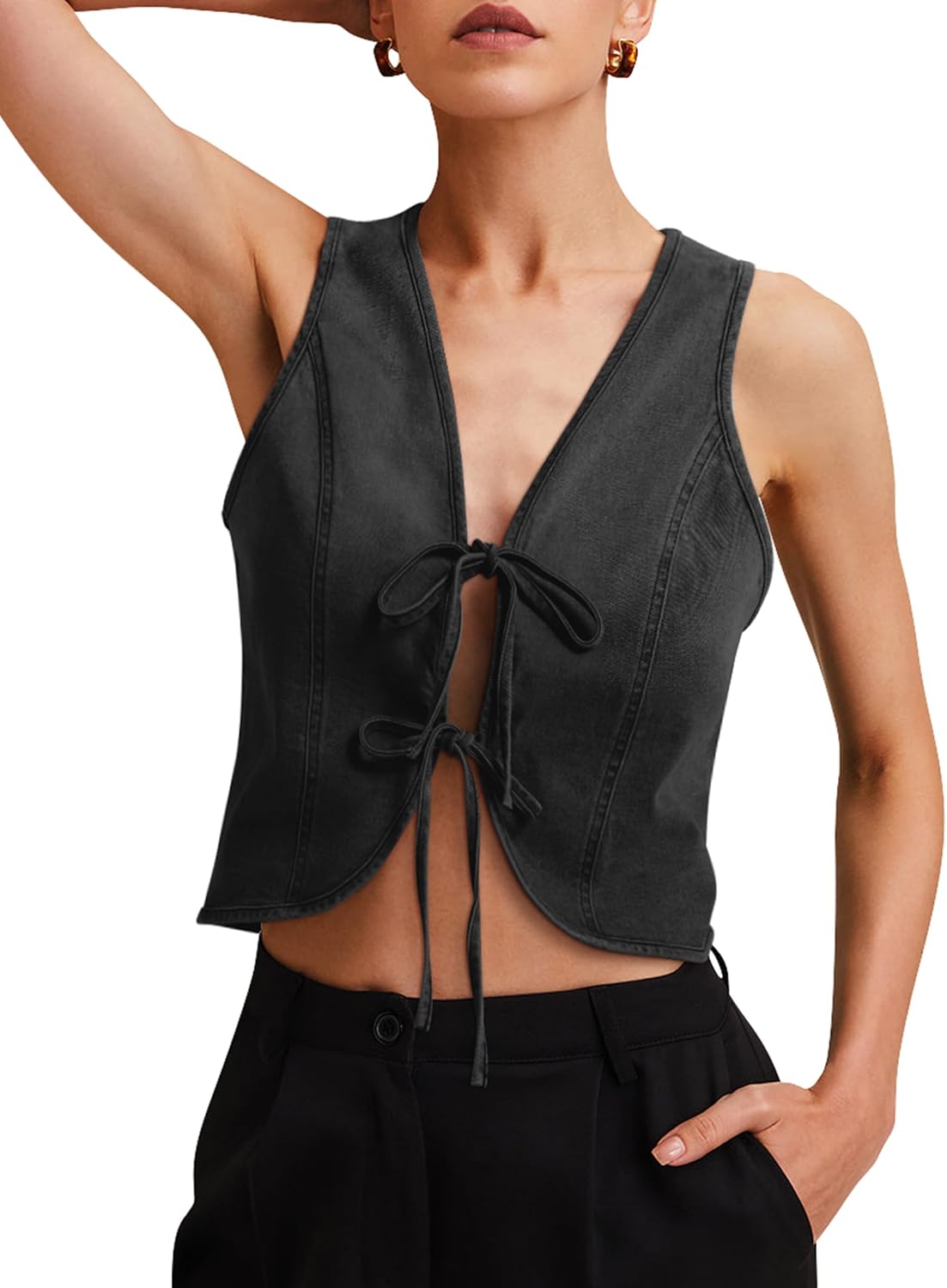 Womens Denim Vest Crop Sleeveless V Neck Retro Tie Up Jean Top