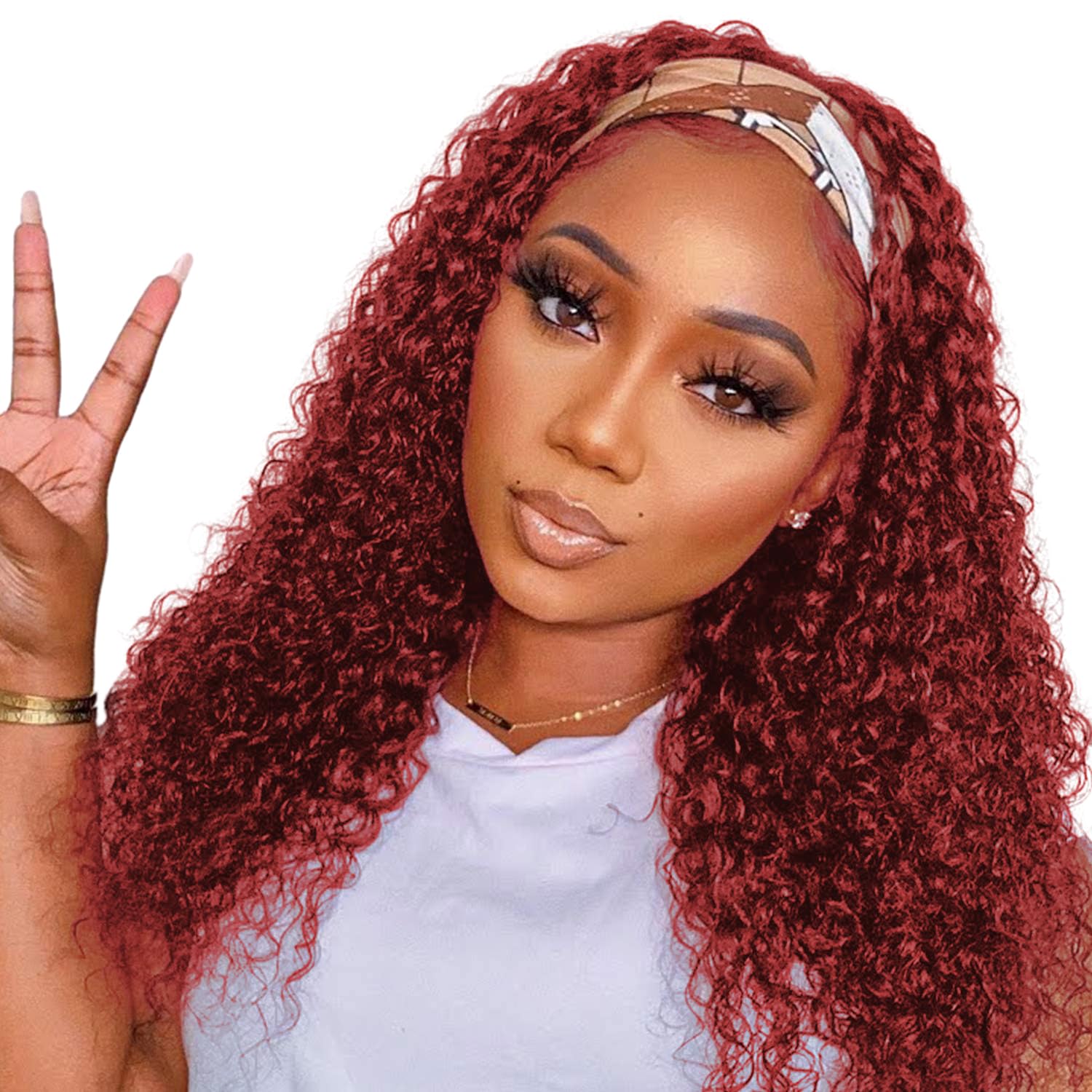 99J Burgundy Headband Wig Human Hair Deep Wave for Women