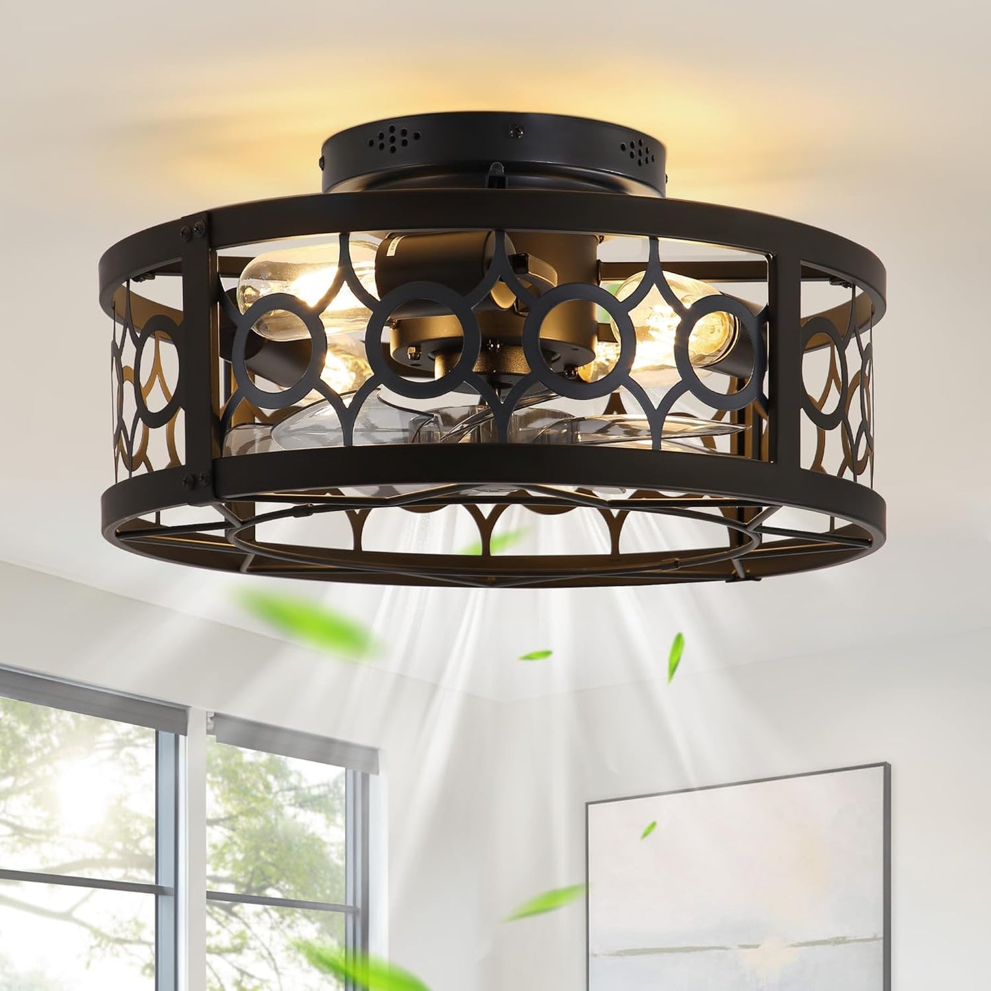 LEDIARY Caged Ceiling Fan with Light - 16in Low Profile Design