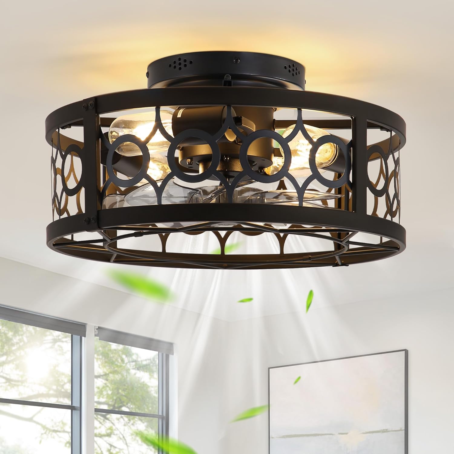 LEDIARY Caged Ceiling Fan with Light - 16in Low Profile Design