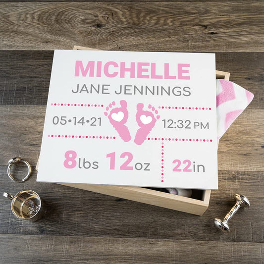 Personalized Baby Keepsake Box with Pink Footprints for Memories