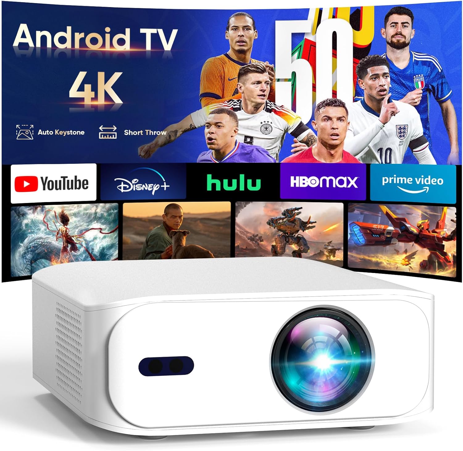 4K Short Throw Smart Mini Projector with WiFi 6 and Bluetooth