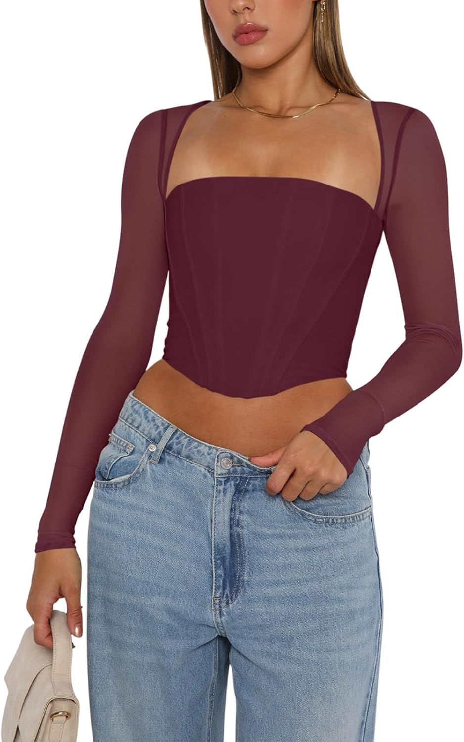 REORIA Women's Sexy Mesh Long Sleeve Corset Top for Fall Style