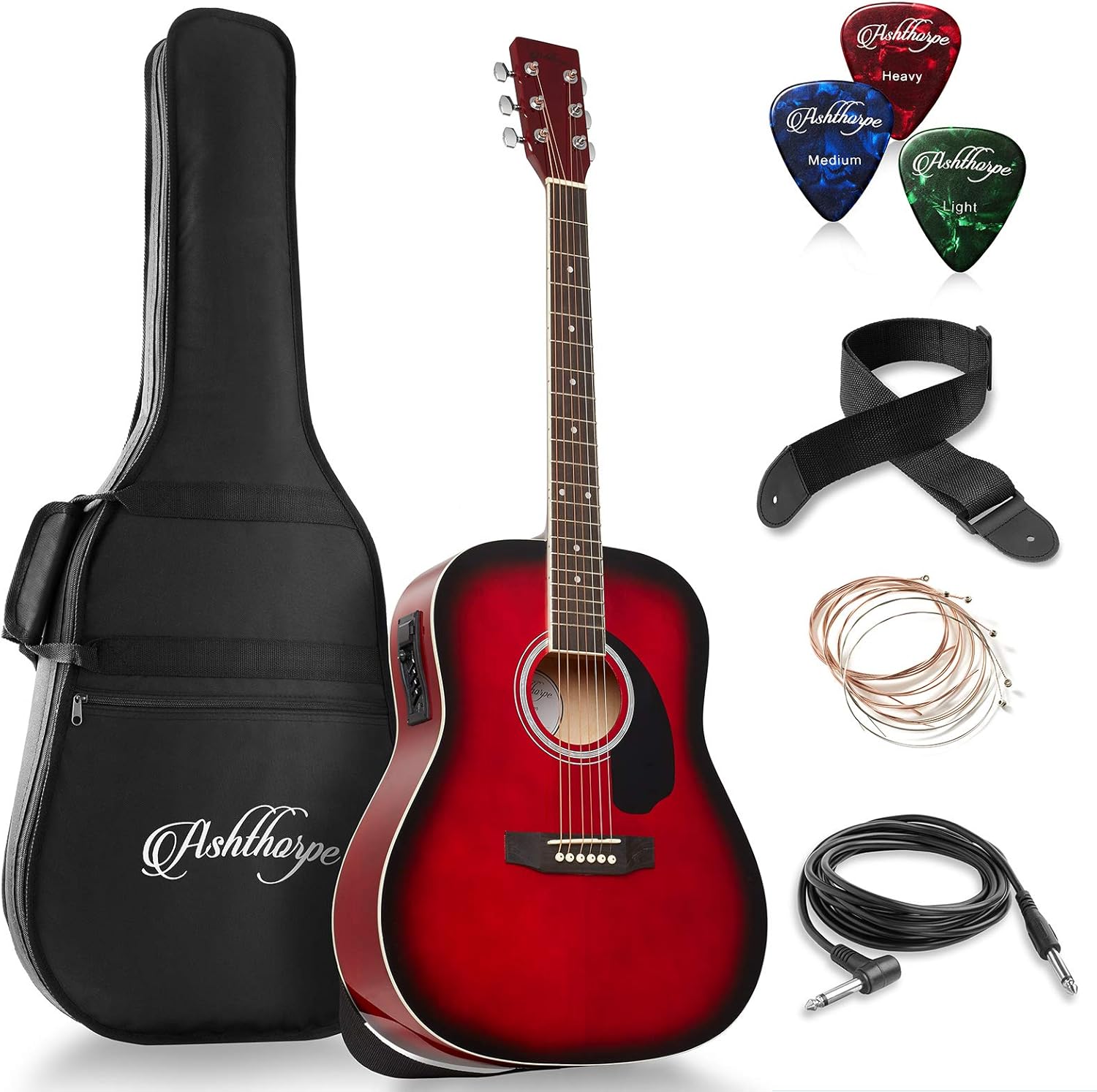 Ashthorpe Full-Size Dreadnought Acoustic-Electric Guitar Bundle