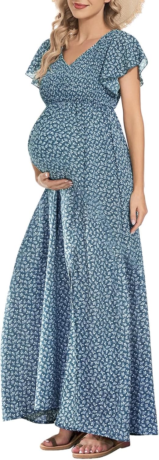 Floral Print V Neck Maternity Dress for Baby Shower Photoshoot