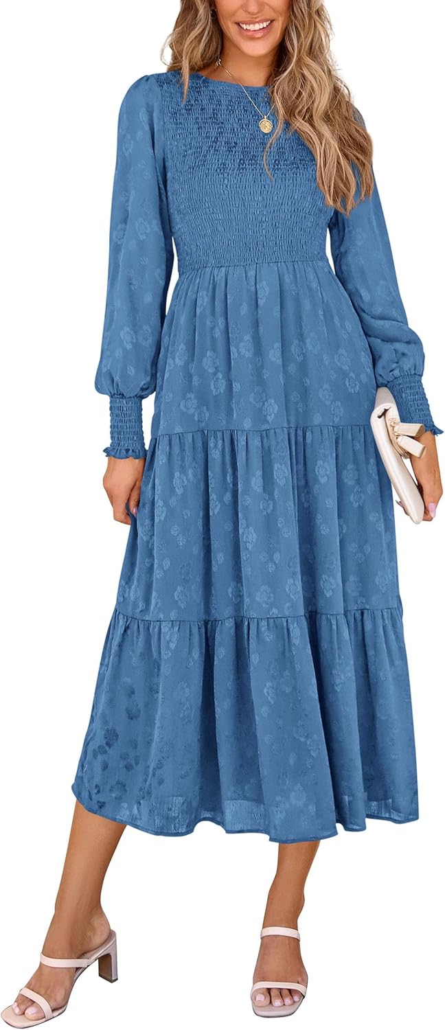 PRETTYGARDEN Women's Long Sleeve Floral Midi Dress with Pockets