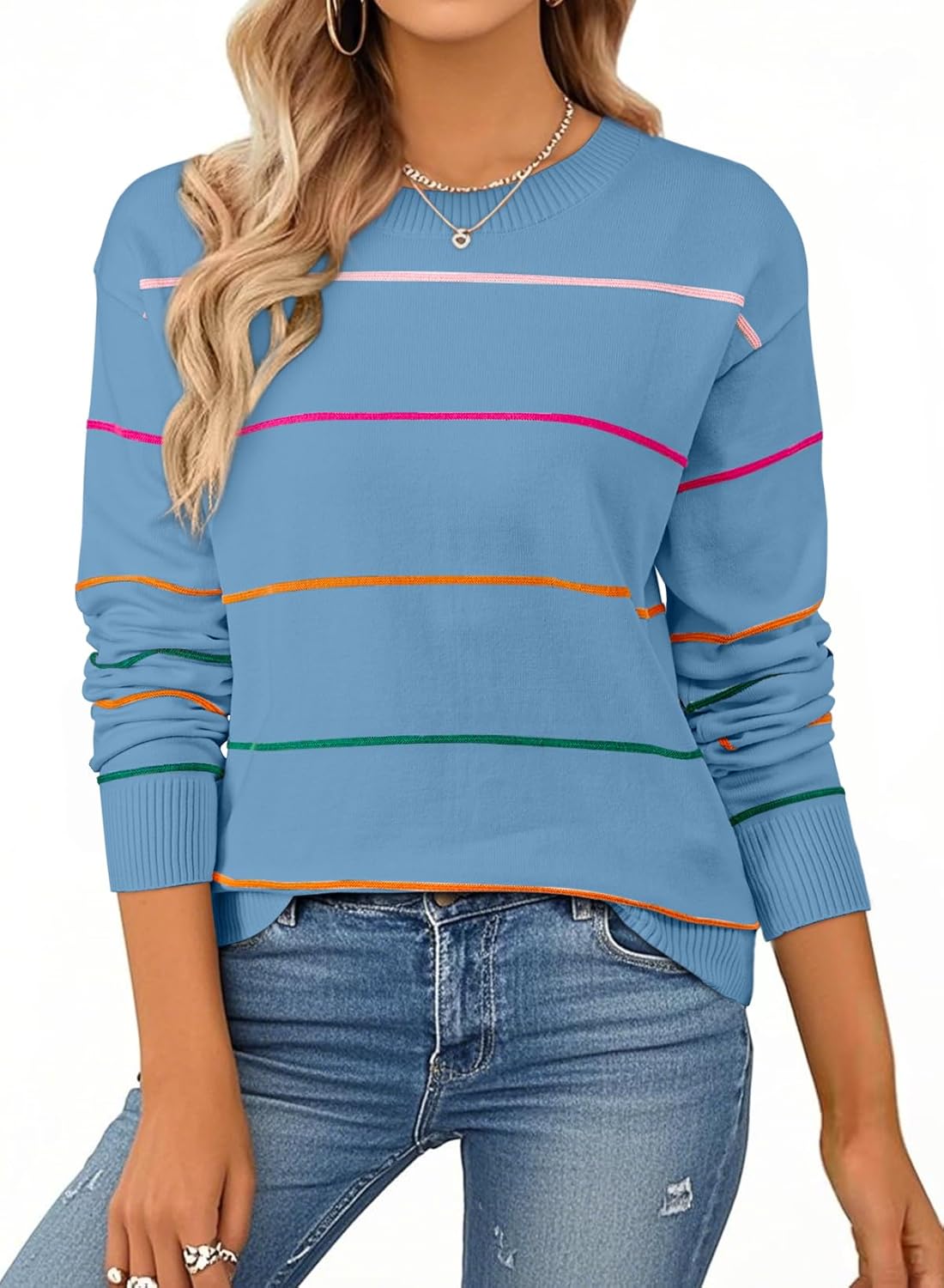 SHEWIN Womens Sweaters Crew Neck Knit Long Sleeve Striped Style