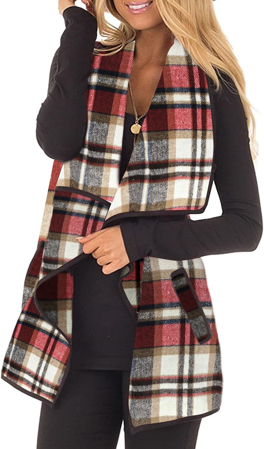 Unidear Womens Buffalo Plaid Vest Casual Open Front Cardigan