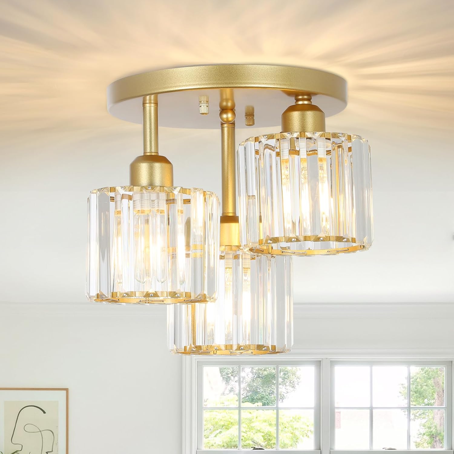 Modern Semi Flush Mount Ceiling Light with Golden Crystal Shade