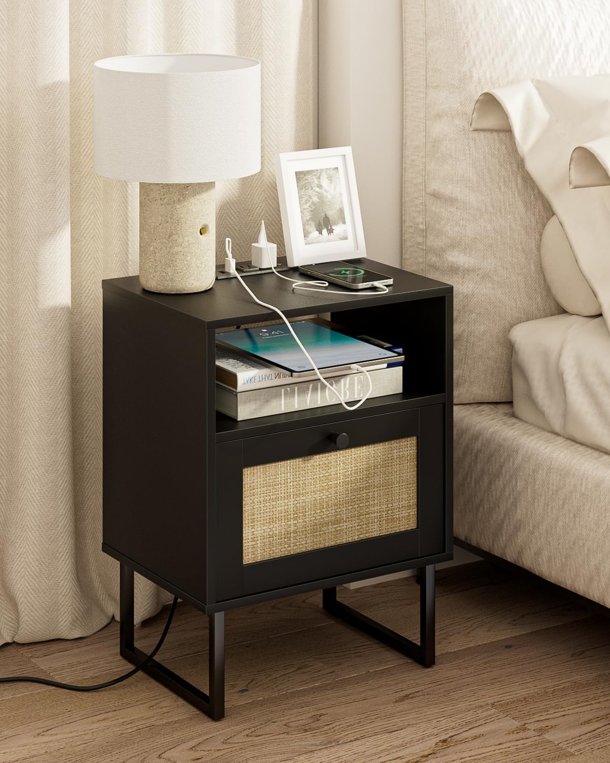 Masupu Rattan Nightstand with Charging Station for Modern Homes