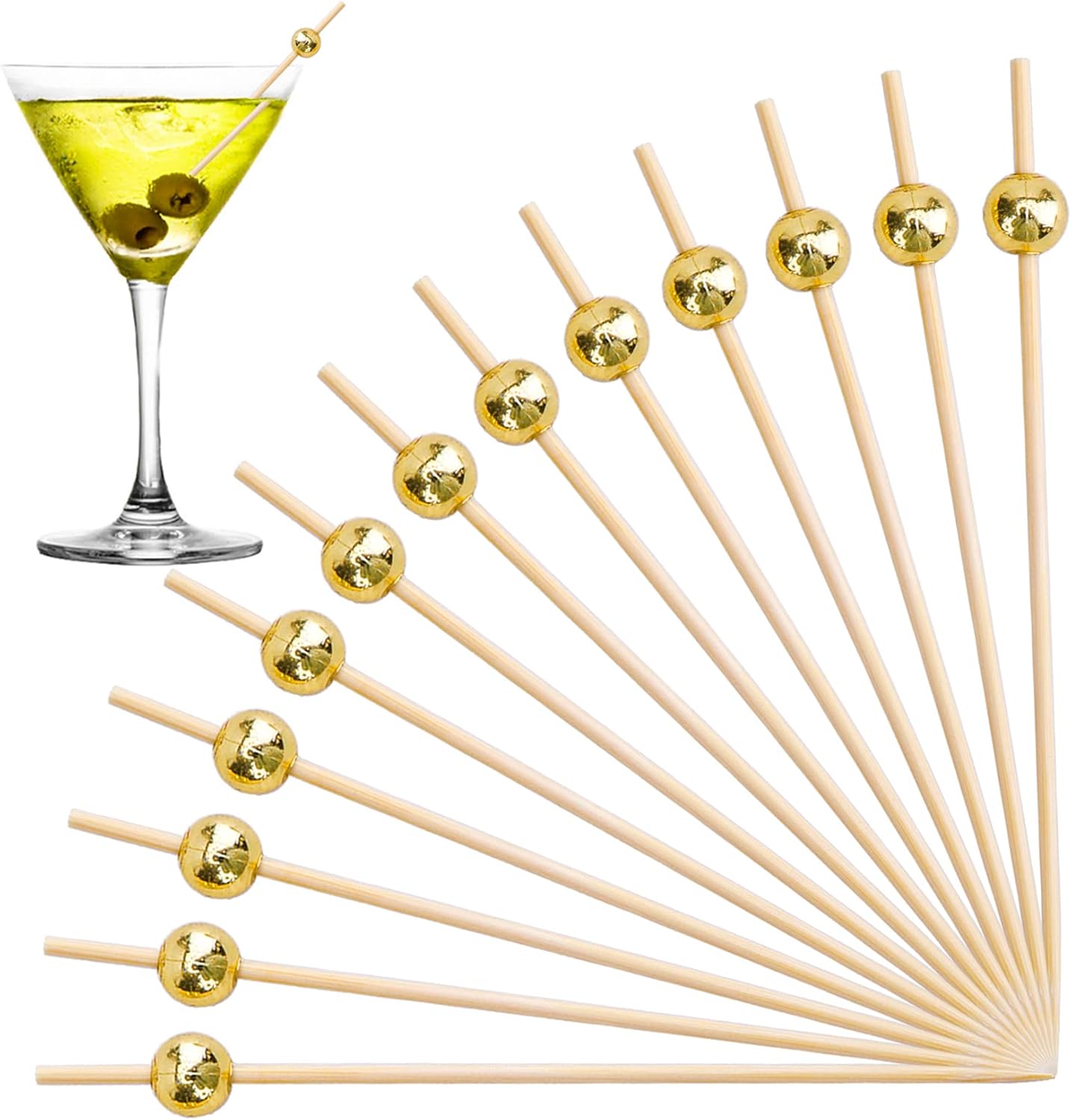 500 Handmade Bamboo Cocktail Picks - Elegant Gold Pearl Accents
