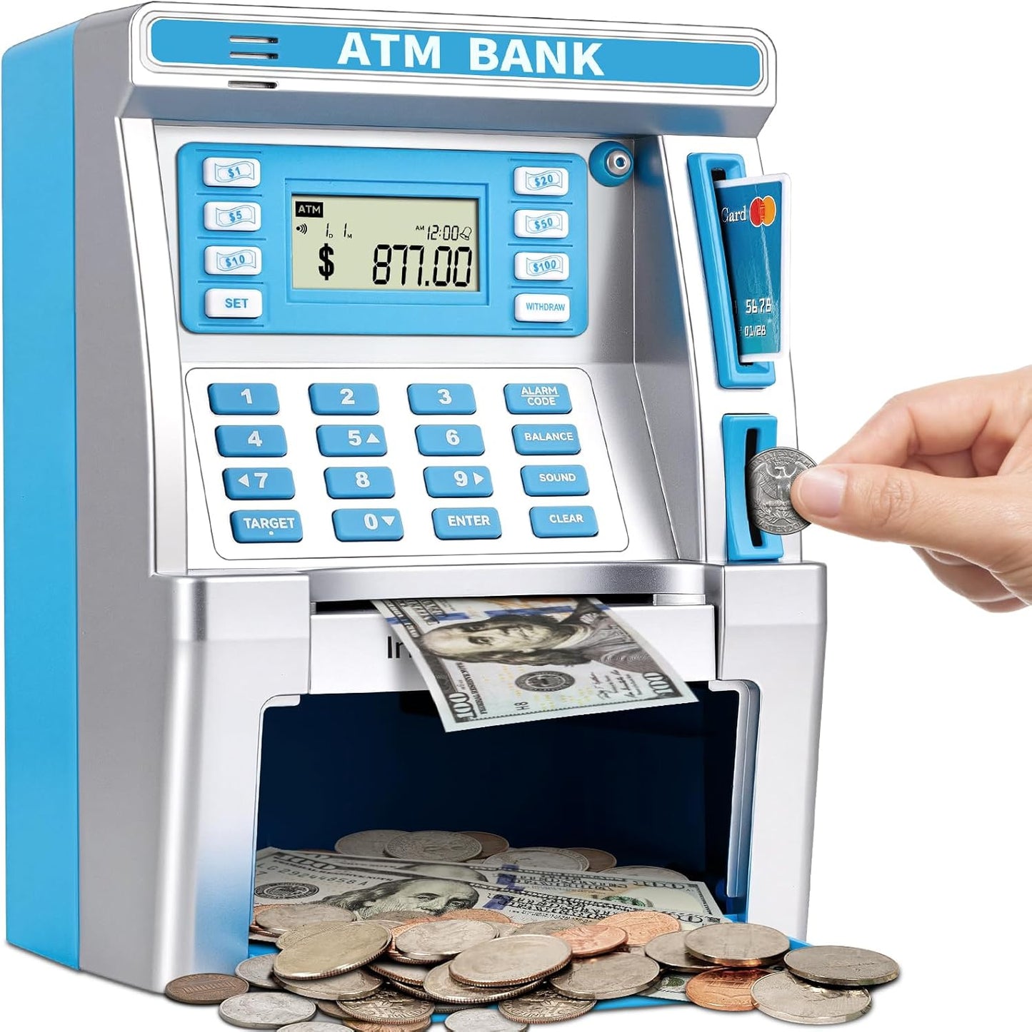 BAODLON Blue Piggy Bank for Kids - Fun ATM Machine Savings