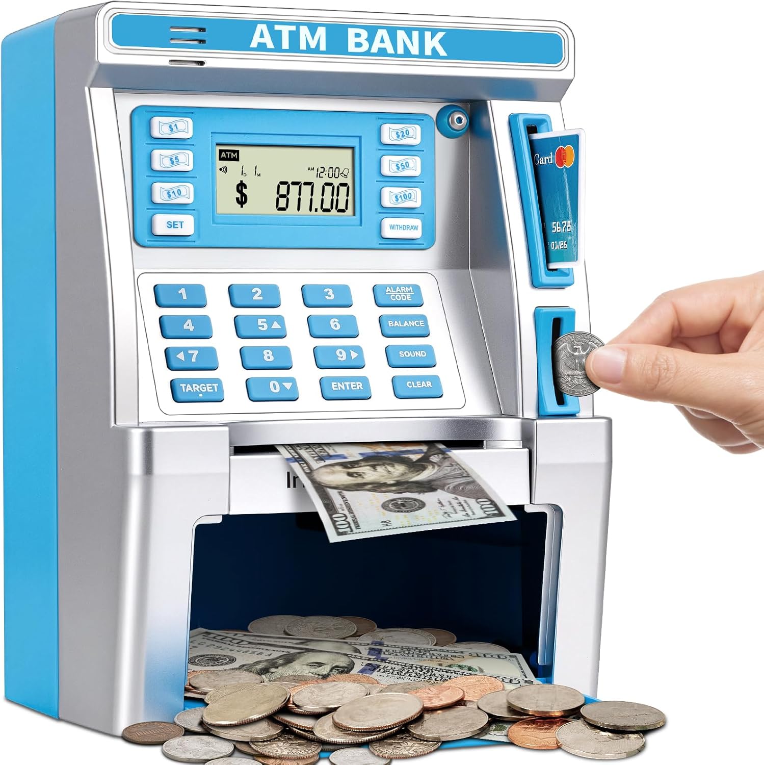 BAODLON Blue Piggy Bank for Kids - Fun ATM Machine Savings