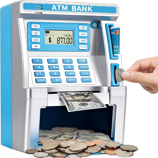 BAODLON Blue Piggy Bank for Kids - Fun ATM Machine Savings
