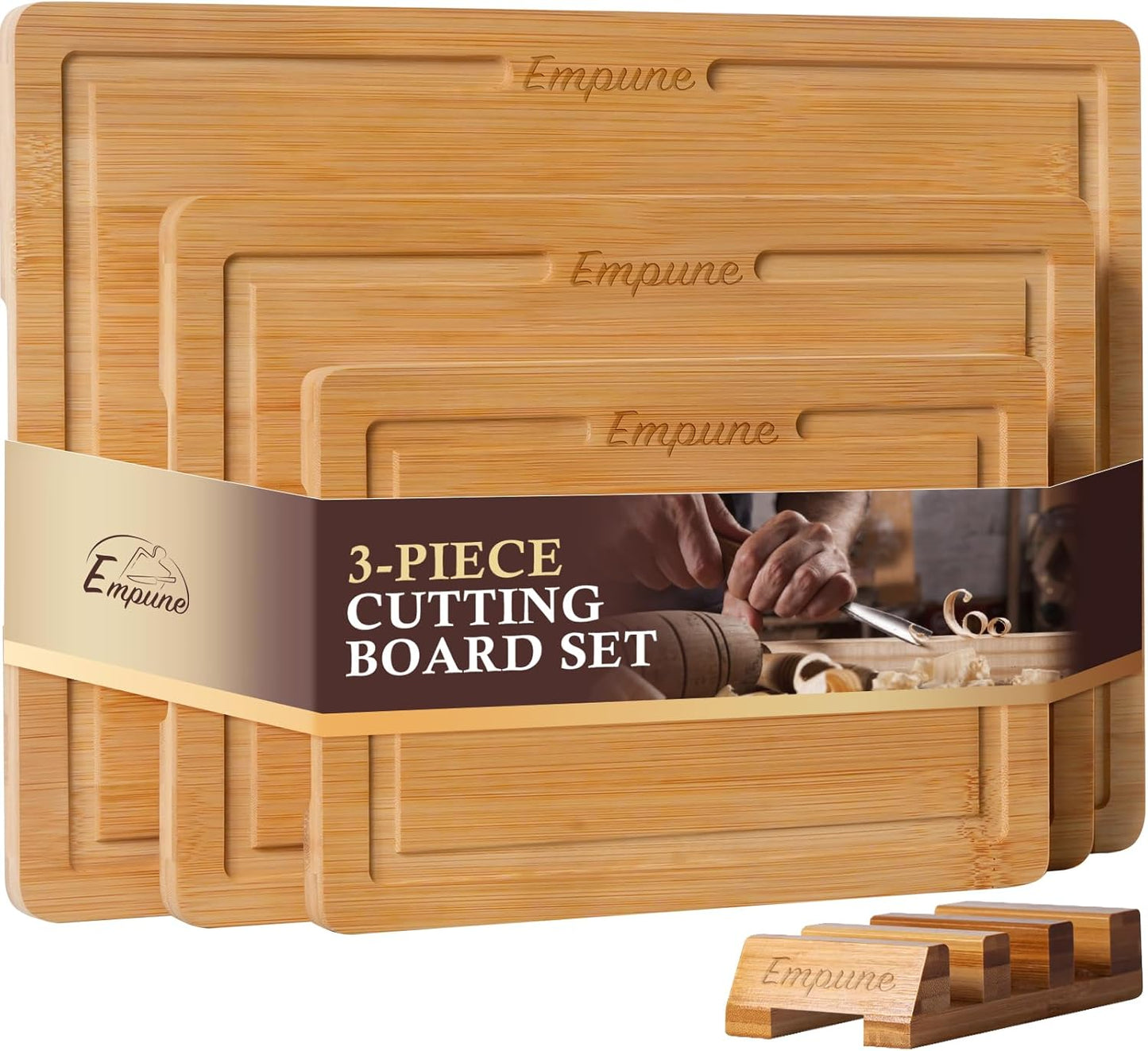 Empune Bamboo Cutting Board Set for Kitchen with Holder