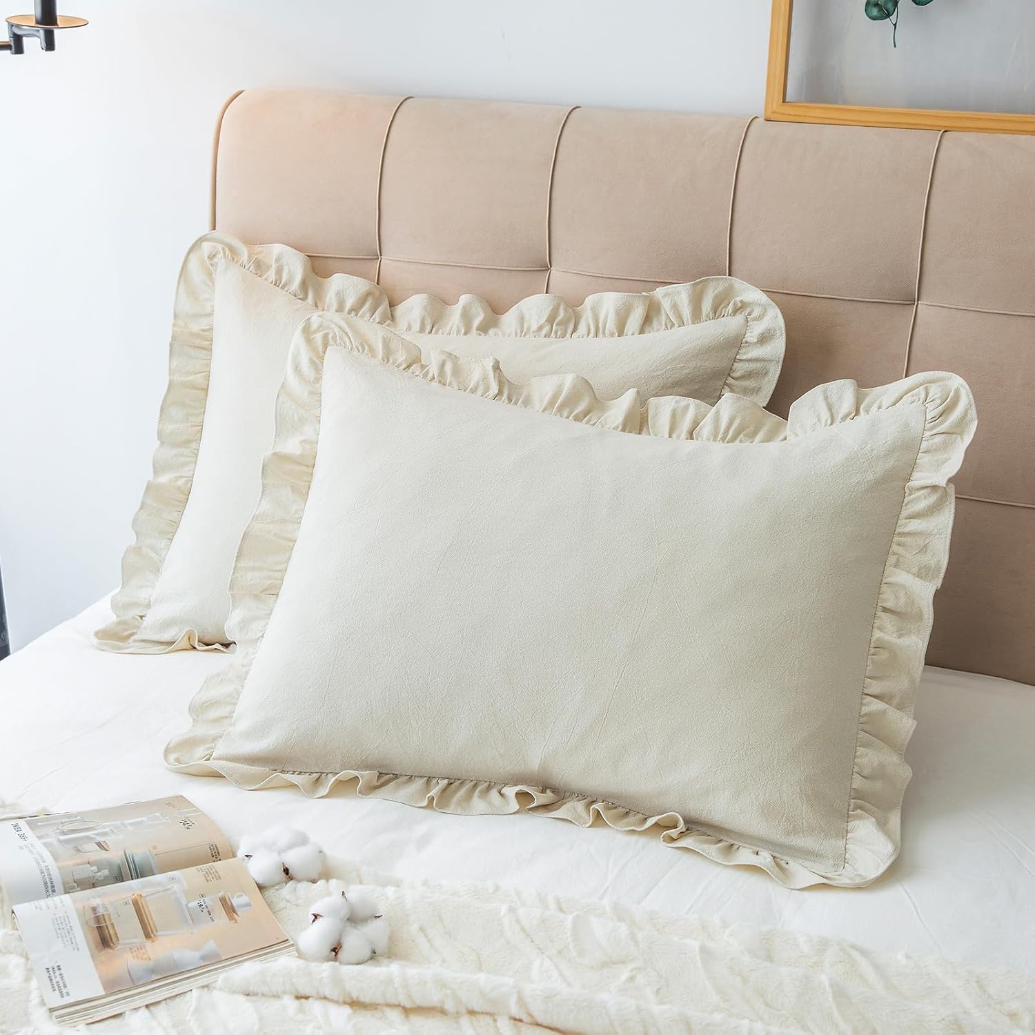 Pillow Shams Set of 2 Retro Ruffle Trim Solid Beige Cases