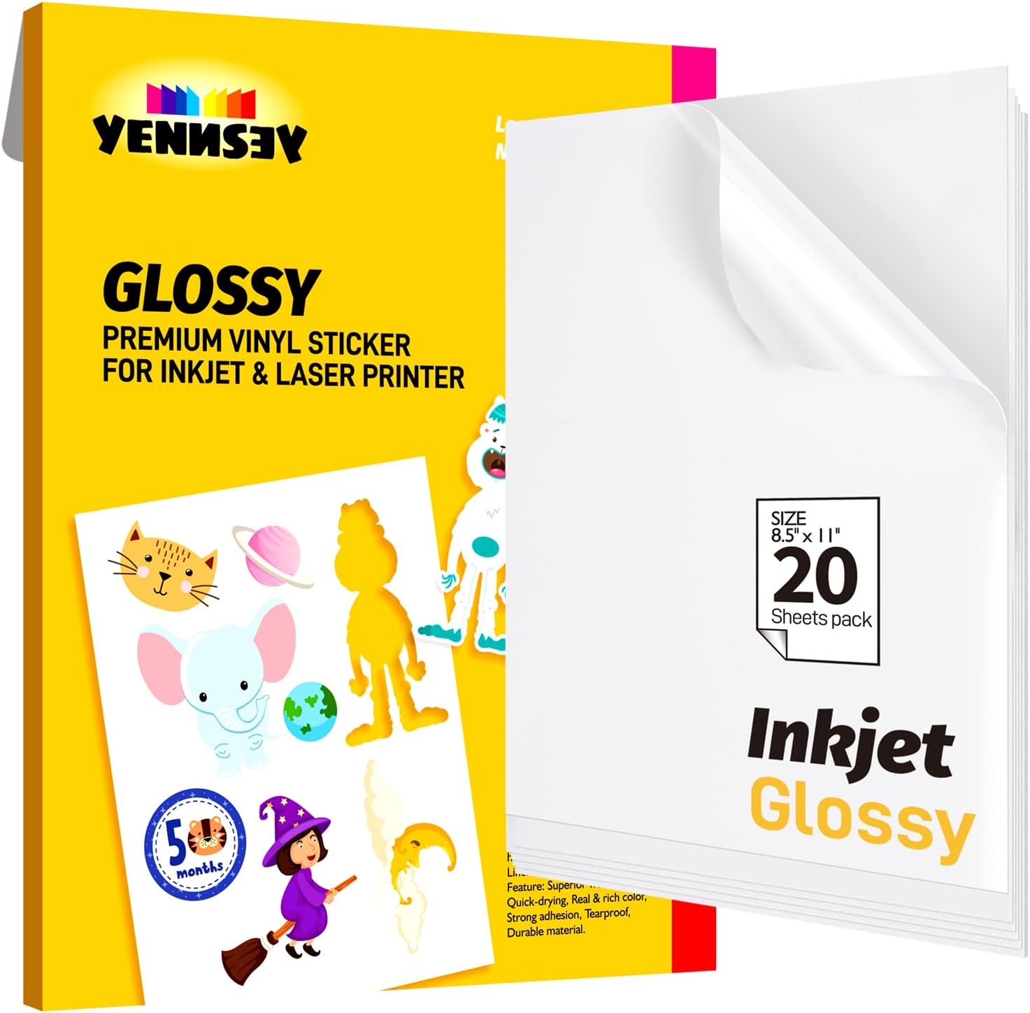 Waterproof Glossy Vinyl Sticker Paper - 20 Sheets YENNSEY